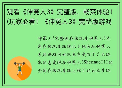 观看《伸冤人3》完整版，畅爽体验！(玩家必看！《伸冤人3》完整版游戏体验指南)